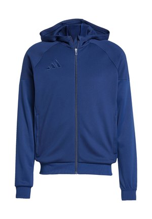Marineblauer Reißverschluss-Hoodie mit glatter Textur, Kängurutaschen, gerippten Bündchen und gefütterter Kapuze. Mit drei weißen Streifen-Logo auf der Brust.