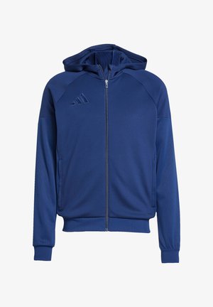 Marineblauer Reißverschluss-Hoodie mit glatter Textur, Kängurutaschen, gerippten Bündchen und gefütterter Kapuze. Mit drei weißen Streifen-Logo auf der Brust.