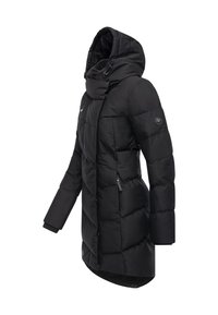 Svart vadderad kappa med huva, utrustad med horisontell sömnad, sidofickor med dragkedja och ribbade muddar för isolering och komfort.