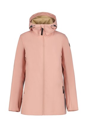Veste waterproof rose clair avec un col haut, une capuche réglable et une fermeture éclair à l'avant. Présente deux poches latérales et des accents noirs.