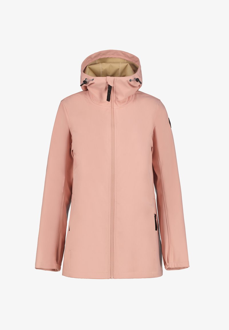 Light pink waterproof jacket with a high collar, adjustable hood, and front zipper. Features two side pockets and black accents.