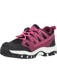 Børns sportsko med sort mesh og pink detaljer. Har en tekstureret sål og justerbare elastiske snørebånd for nem påføring.
