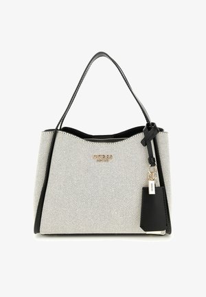 Struktuuri ja tekstuuriga kreemja ja musta värvi käekott, millel on kuldne logo, eemaldatav silt ja kaks musta kandmistat.