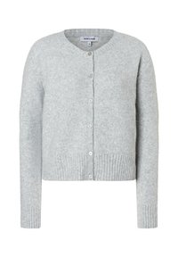 Grauer gestrickter Cardigan mit rundem Ausschnitt, langärmeligen Ärmeln, geripptem Saum und fünf Knöpfen an der Vorderseite. Weiche Textur und schlichtes Design.