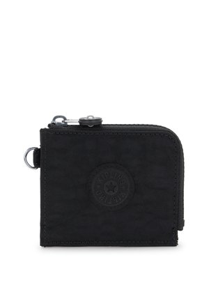 Kompakt sort stofpung med lynlåslukning og prægede cirkulært logo, med en metalnøgleringsring på siden.