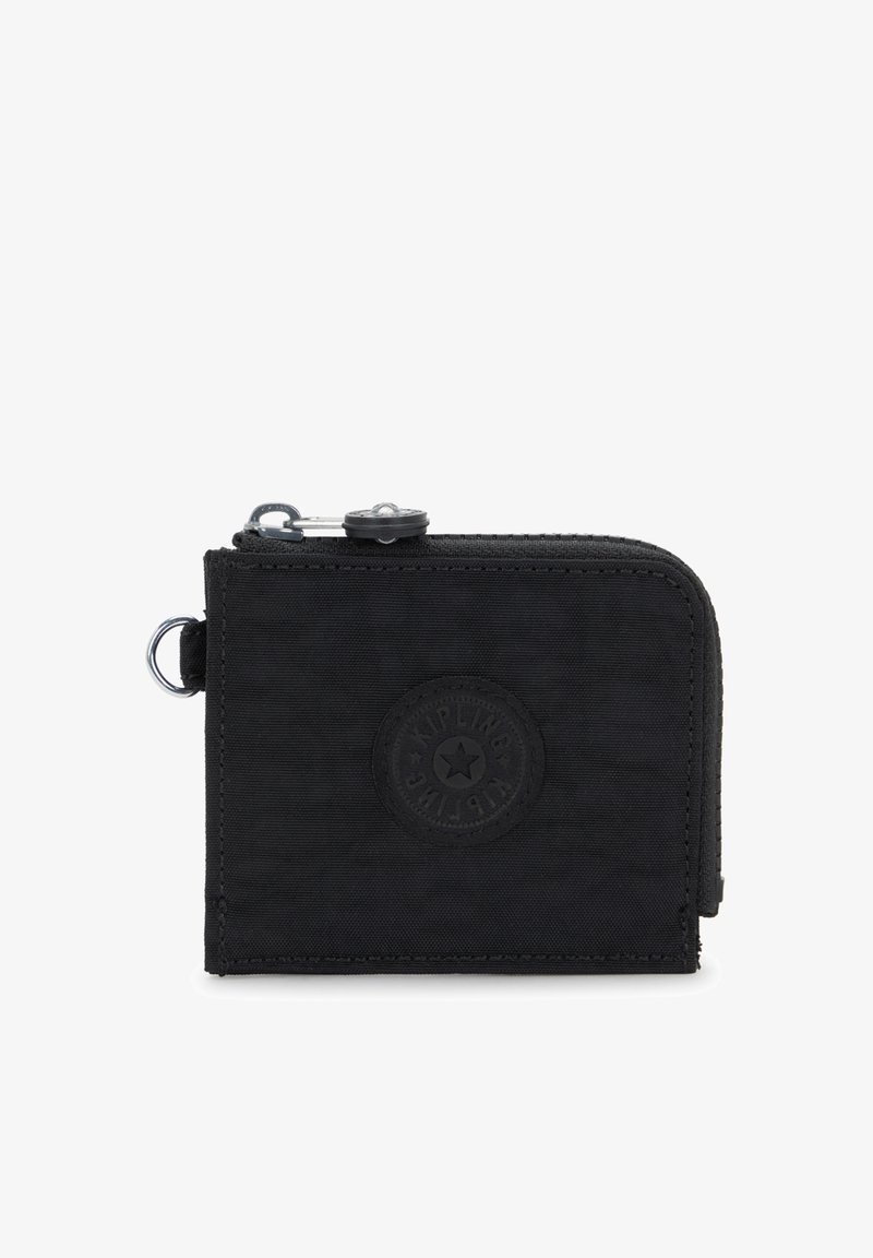 Portefeuille compact en tissu noir avec fermeture éclair et logo circulaire embossé, doté d'un anneau porte-clés en métal sur le côté.