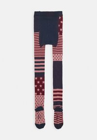 Bunte, gemusterte Strumpfhosen in Marineblau, Burgunderrot und Pink mit Streifen, Pünktchen und Sternen, die eine enge Passform haben.