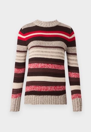 Stickad tröja med långa ärmar, med horisontella ränder i brunt, beige och rött. Rund halsringning och texturerad ribbad nederkant.