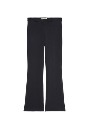Schwarze, ausgestellte Hose aus dehnbarem Stoff, mit einem breiten Bund, glatter Textur und ohne sichtbare Muster oder Beschläge.