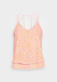 Mouwloze top in lichtroze met oranje abstract patroon, met een v-hals ontwerp en gekruiste bandjes aan de achterkant. Zachte gerimpelde zoom.