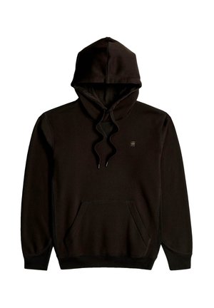 Hanorac negru cu glugă, confecționat dintr-un material moale. Are un buzunar tip cangur, șnururi pentru ajustare și un logo discret pe piept.