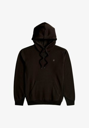 Hanorac negru cu glugă, confecționat dintr-un material moale. Are un buzunar tip cangur, șnururi pentru ajustare și un logo discret pe piept.