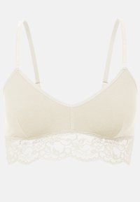Bralette con bordatura in pizzo di colore beige chiaro, realizzato in un tessuto morbido, con spalline regolabili e un design liscio e senza cuciture con una sottile texture.