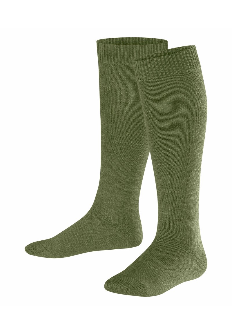 Skarpetki do kolan w oliwkowym kolorze, z prążkowanym na górze. Wykonane z miękkiego, gładkiego materiału, o jednolitej fakturze i bez widocznych wzorów.