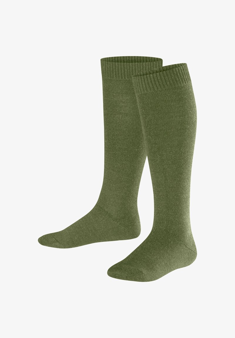 Calzini al ginocchio di colore verde oliva, con una parte superiore a coste. Realizzati in un materiale morbido e liscio, con una texture uniforme e senza motivi visibili.