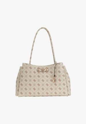 Bolso tote beige con un patrón de monograma, con herrajes dorados y un candado. Textura suave con dos asas para llevar.
