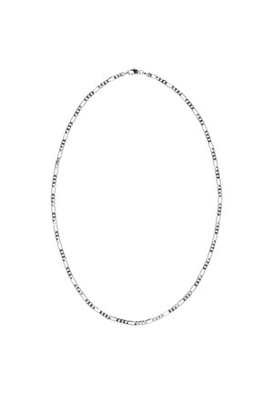 Zilveren ketting met langwerpige schakels, afwisselend tussen gladde en gestructureerde secties, voorzien van een veilige sluiting.