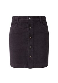 Donkergroene corduroy rok met een getailleerd ontwerp, voor sluiting met knopen, twee zijzakken en een subtiele ribbeltextuur.