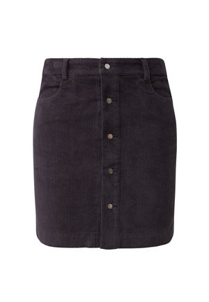 Falda de pana en gris oscuro con un diseño ajustado, cierre delantero de botones, dos bolsillos laterales y una sutil textura acanalada.