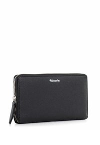 Black leather wallet with a textured surface, zip closure, and small leather pull tab. Features a silver logo on the front.