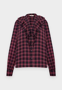 Red and navy plaid shirt featuring ruffled front detail, button closure, and long sleeves with gathered cuffs, made from lightweight fabric.