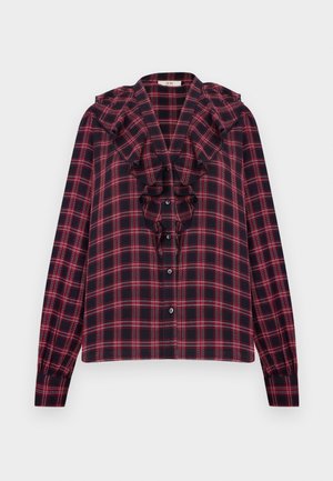 Chemise en tartan rouge et marine avec un détail froncé sur le devant, fermeture à boutons et manches longues avec des poignets froncés, fabriquée en tissu léger.