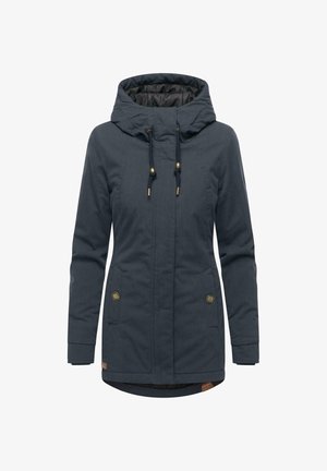 Mørkeblå hettejakke med glidelås, to frontlommer, justerbare snorer og en teksturert innerfôr.