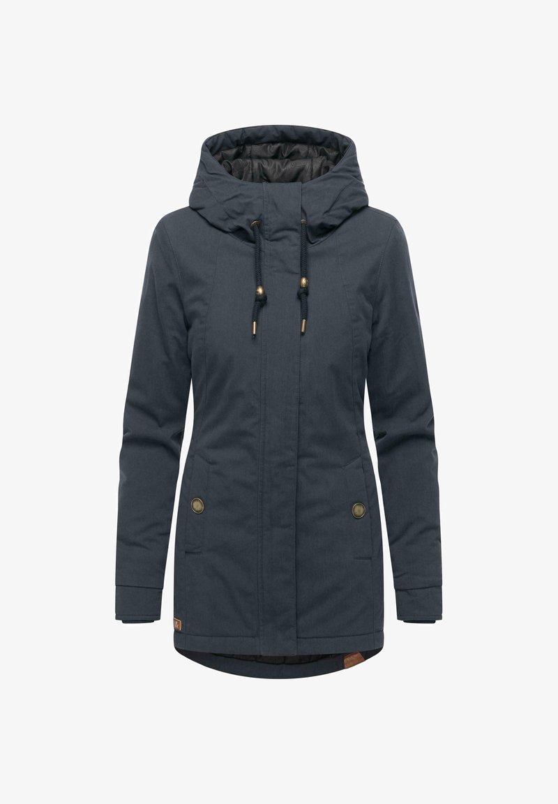 Donkerblauwe gewatteerde jas met een ritssluiting, twee voorzakken, verstelbare trekkoorden en een gestructureerde binnenvoering.