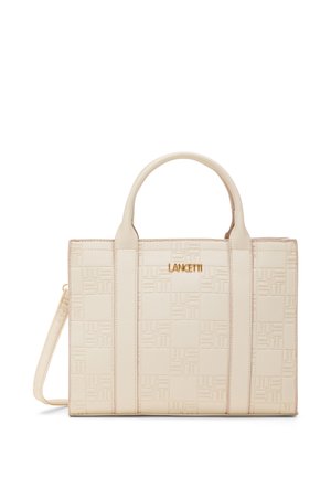 Borsa a mano rettangolare beige con motivo geometrico in rilievo, due manici, tracolla e logo dorato "LANCETTI" sul davanti.