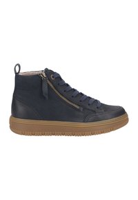 Baskets montantes bleu marine en cuir, dotées d'une semelle en caoutchouc beige, de lacets bleus et d'une fermeture éclair décorative sur le côté avec des finitions dorées.