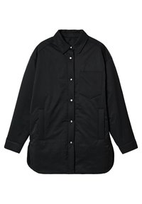 Zwarte button-up jas van een lichtgewicht, gladde stof. Bevat een geprofileerde kraag, één borstzak en twee zijzakken.