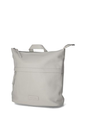 Crèmekleurige zachte leren rugzak met bovenhandvat, voorvak met rits en hoofdritssluiting.