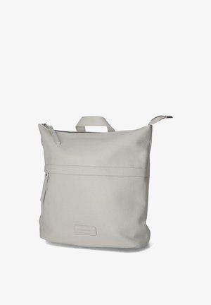 Crèmekleurige zachte leren rugzak met bovenhandvat, voorvak met rits en hoofdritssluiting.