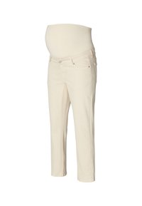 Pantalones de maternidad color crema con una cinturilla suave y elástica, piernas ajustadas y detalles de costura mínimos, diseñados para mayor comodidad y soporte.