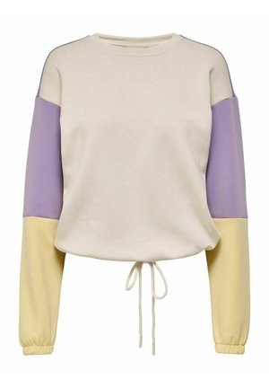 Crewneck sweatshirt med farveblokke ærmer i lavendel og sart gul, beige krop og justerbar snøre i kanten.