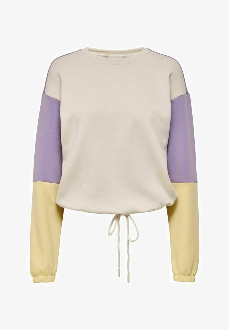 Sweat à col rond avec manches à blocs de couleurs en lavande et jaune pâle, corps beige et ourlet à cordon réglable.