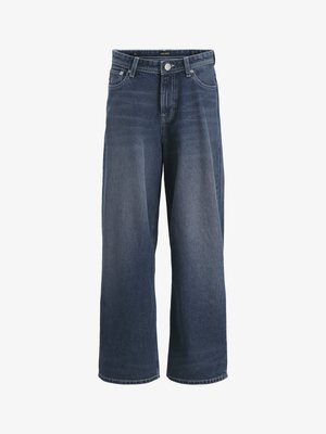 Tamnoplave široke traperice s gumbom i patentnim zatvaračem, petljama za remen, džepovima sprijeda i straga, te suptilnim izblijedjelim detaljima.