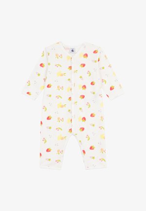 Witte katoenen romper met lange mouwen, voorzien van een fruitprint in roze, geel en groen. Drukknopen van de nek tot aan de onderkant.