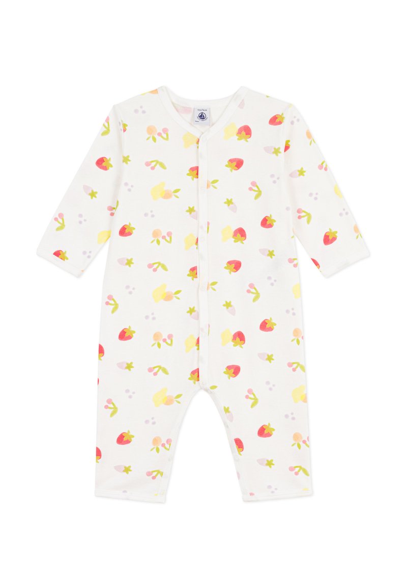 Weißer Baumwoll-Einteiler mit langen Ärmeln, versehen mit einem Obstmotiv in Rosa, Gelb und Grün. Druckknopfverschluss von Hals bis Boden.