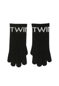 Guanti di maglia nera con cinque dita, con la scritta bianca "TWIN" parzialmente visibile vicino ai polsini.
