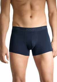 Navy blue boxer briefs made of soft fabric with a contrasting elastic waistband featuring the brand name "JOOP!" in dark gray.