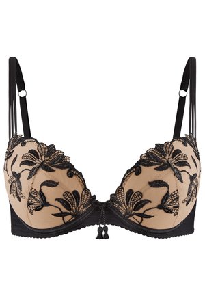 Soutien-gorge en dentelle noire avec broderie florale, doublure chair, bonnets rembourrés, bretelles réglables et pampilles décoratives au centre avant.