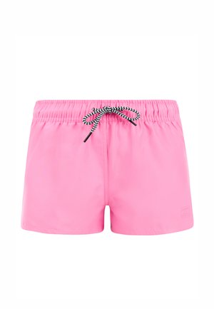 Pinke Badeshorts mit elastischem Bund und schwarz-weißem Chevron-Kordelzug, mittige Vordernaht und kleinem Logo am linken Bein.