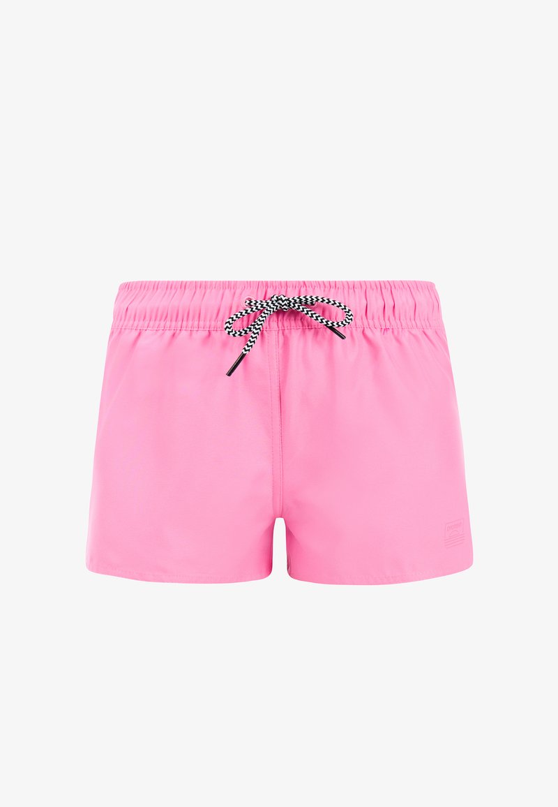 Shorts de bain roses avec ceinture élastique et cordon de serrage chevron noir et blanc, couture centrale à l'avant et petit logo sur la jambe gauche.
