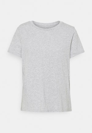 T-shirt uni gris clair à manches courtes et col rond, avec une texture de tissu lisse, présenté sur un fond blanc.