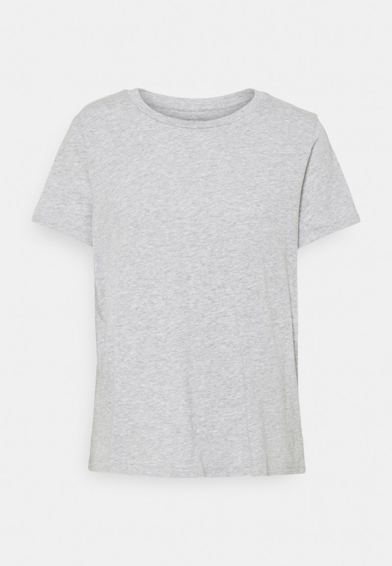 T-shirt uni gris clair à manches courtes et col rond, avec une texture de tissu lisse, présenté sur un fond blanc.