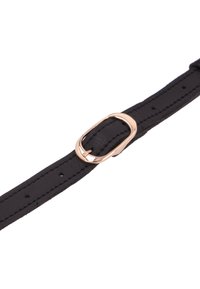 Zwarte leren riem met een kleine ovale gouden metalen gesp en meerdere verstelgaten op een witte achtergrond.