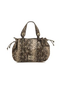 Sac à main à motif serpent dans des teintes de brun et de beige. Présente un froncé sur les côtés, du matériel doré et deux poignées supérieures.