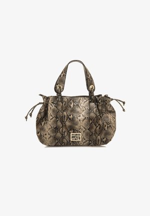 Bolso de mano con estampado de piel de serpiente en tonos marrones y beige. Presenta fruncidos en los laterales, herrajes en tono dorado y asas superiores dobles.