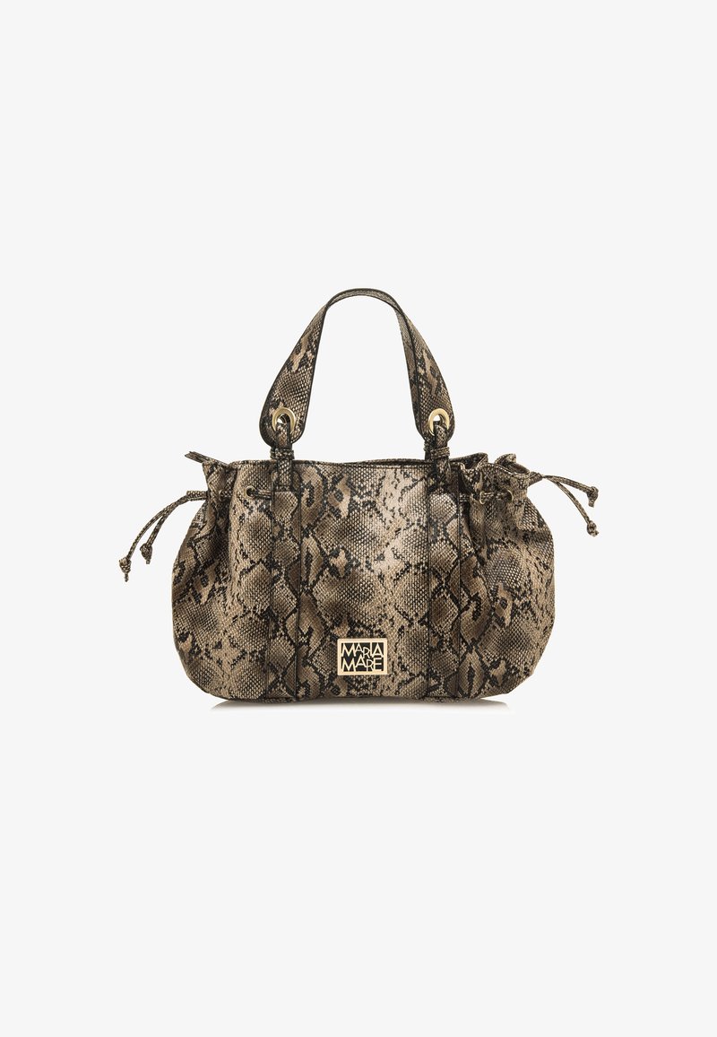 Sac à main à motif serpent dans des teintes de brun et de beige. Présente un froncé sur les côtés, du matériel doré et deux poignées supérieures.